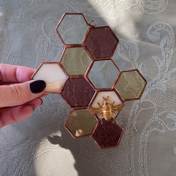 Stained Glass Honeycomb w/ Brass Bee - Picture 4 of 4